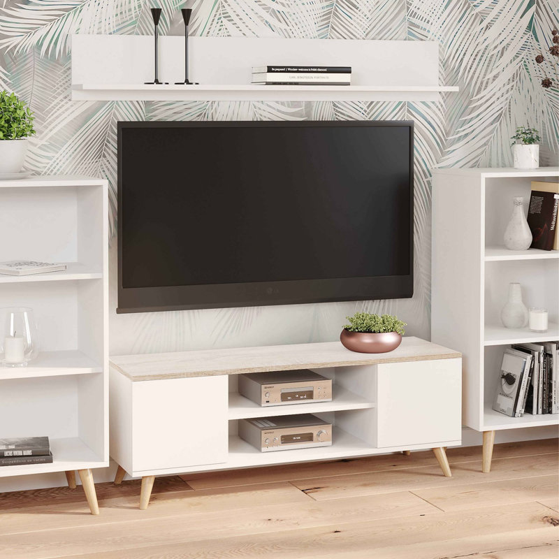 Verne Unfinished TV Stand for TVs up to 65", White/Sonoma Oak