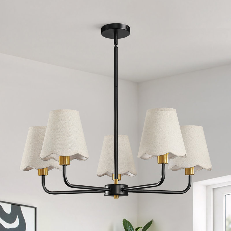 5-Light Modern Dimmable Chandelier With Fabric Shades, Matte Black/Gold