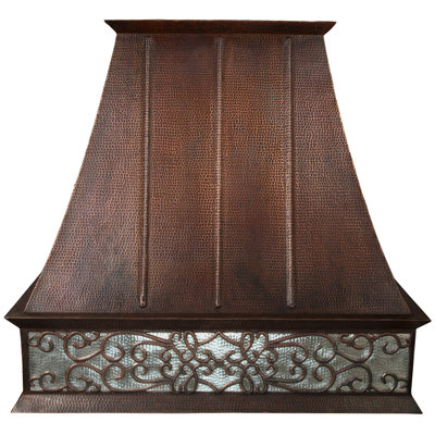38 Inch 1250 CFM Hammered Copper Wall Mounted Euro Range Hood with Nickel Background Scroll Design and Screen Filters