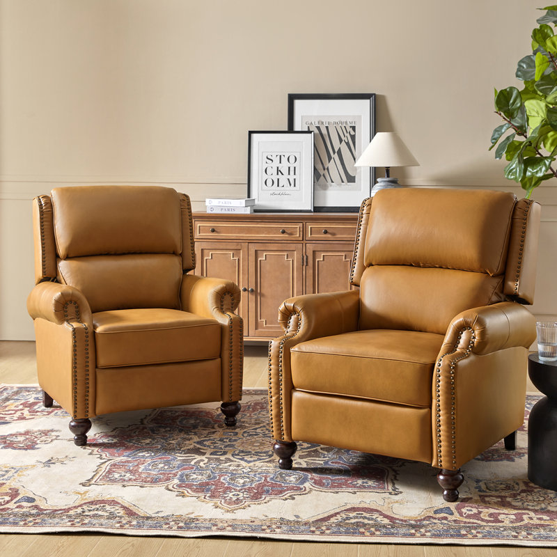 Anre Genuine Leather Recliners with Nailhead Trim, Camel Top Grain Leather