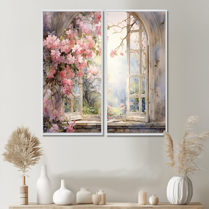 «Pink Blossoming Country Window Gaze I», impressions d'art traditionnel brun sur toile, 40" H x 40" W, White