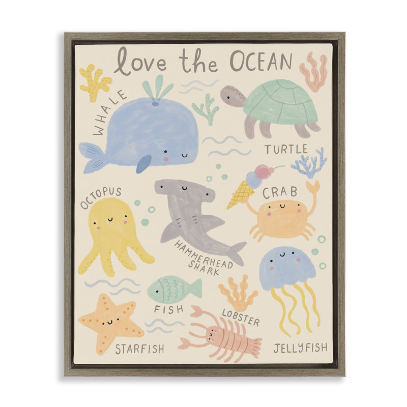 «Love The Ocean Creatures», art mural encadré par Lisa Barlow, Cadre flottant orme Montalcino, H 21 po x l 17 po
