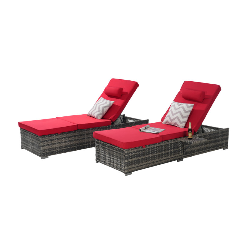 Outdoor Chaise Lounges With Adjustable Backrest And Storage For Outside, Red Cushion/Gray Frame