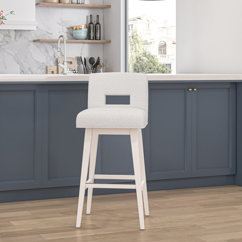 Tabouret pivotant à dossier clé en bois et tissu d'ameublement, Siège en sel / cadre blanc pur