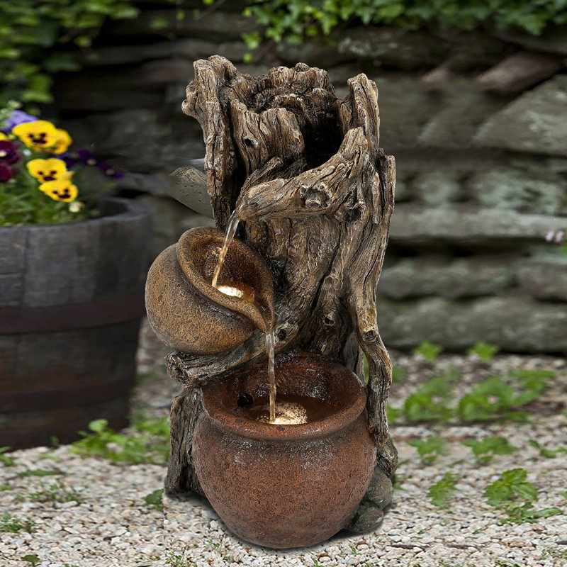 Kashmira 25.2'' Outdoor Rustic Tree Trunk Resin Fountain with LED Light