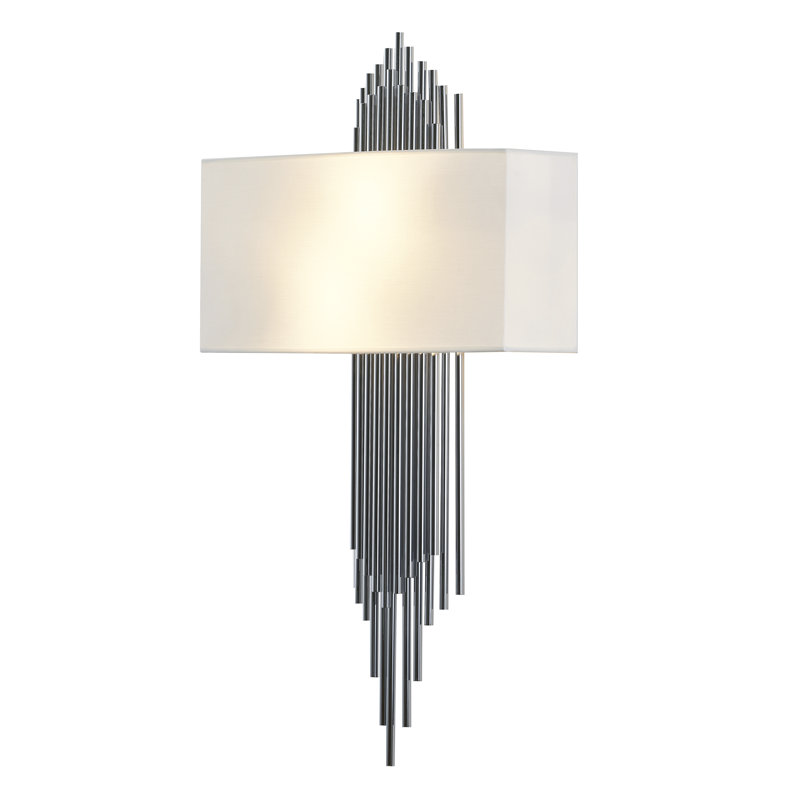 2-Light Chrome Rod Wall Sconce With A White Shade, Shiny nickel