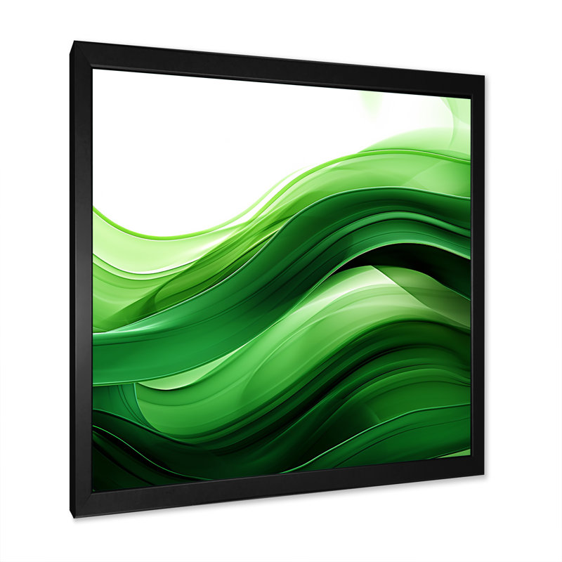 Vert et blanc Fractal Waves I - Art mural fractal abstrait, Cadre simple noir, H 16 po x l 16 po x P 1 po