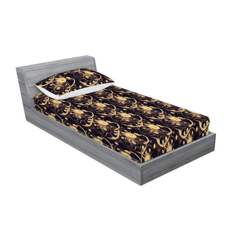 Ambesonne Fitted Sheet & Shams, Twin Sheet Set with 1 Pillowcase, Dark Purple/Pale Mustard Abstract