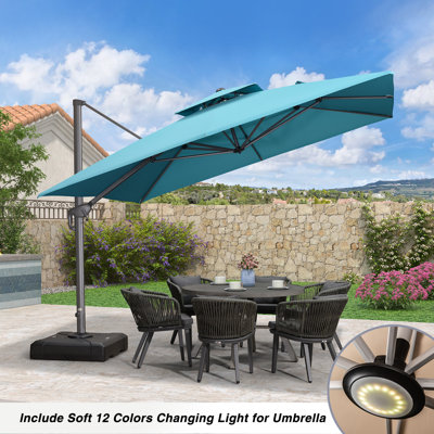 Parasol en porte-à-faux carré 11 pi avec base et 12 lumières douces changeantes pour parasol, bleu turquoise