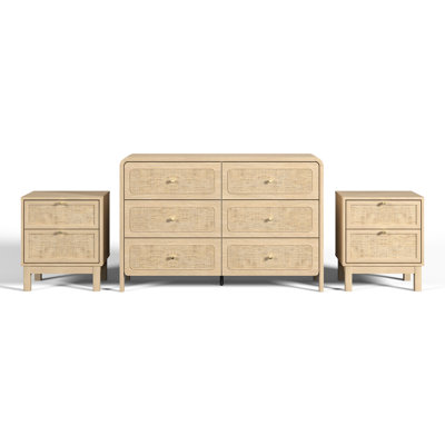 Boho 3-Piece Bedroom Set With 6-Drawer Dresser And Two 2-Drawer Nightstands