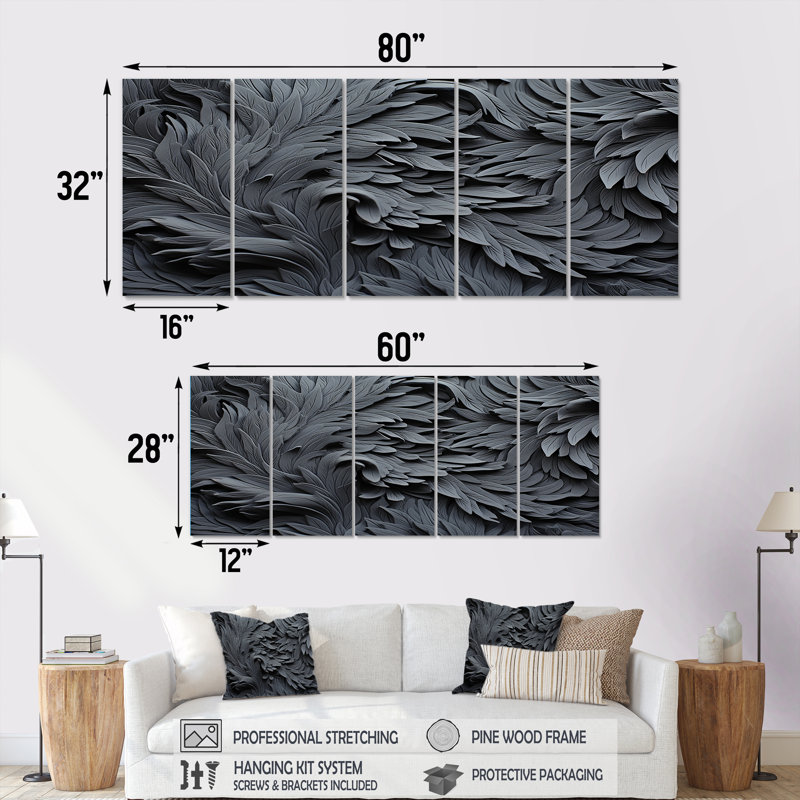 «Grey Spiraling Fractal Sprial II - Abstract Spirals», art mural 5 pièces, H 32 po x l 80 po