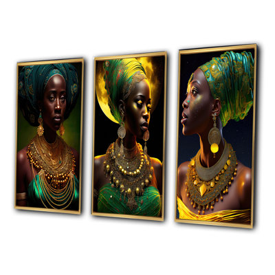 «Emerald Queen African Woman Under Moon», 3 pièces sur toile
