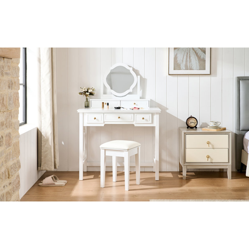 Space - Saving White Dressing Table With Four Leaf Reversible Mirror, Golden Handles, 5 Drawers For Cosmetics, Comfortable Seating Beauty Items, Stool
