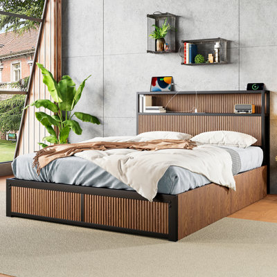 Queen Size Bed Frame With Large Raised - Pattern, Four Storage Drawers, Socket In Headboard And Brown Wood, Ideal For Bedroom Decor American Style Steel Structure Reinforcement, Extra Large Drawers