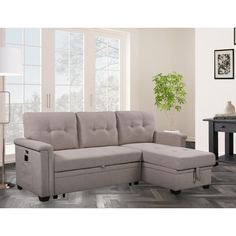 Modern Sofa Nathan 84" Reversible Sleeper Sectional Sofa With Storage Chaise, USB Charging Ports And Pocket