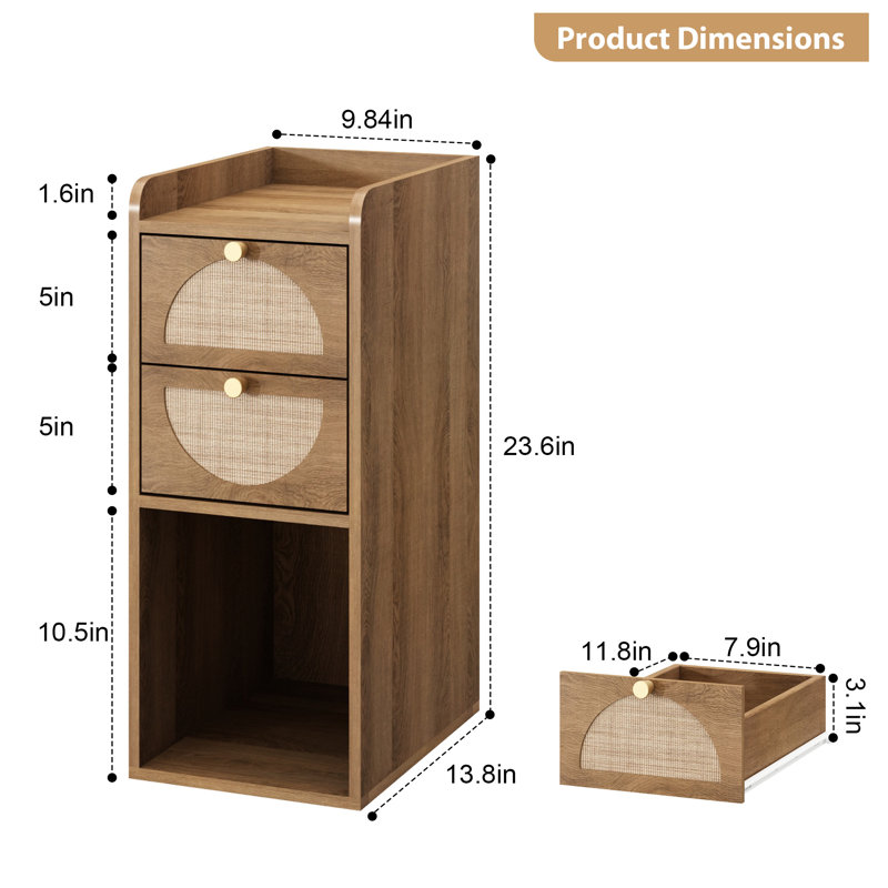 Narrow End Table (Set of 2), Slim Side Table with 2 Arched Rattan Drawers & Storage Mid Century Nightstand, Natural