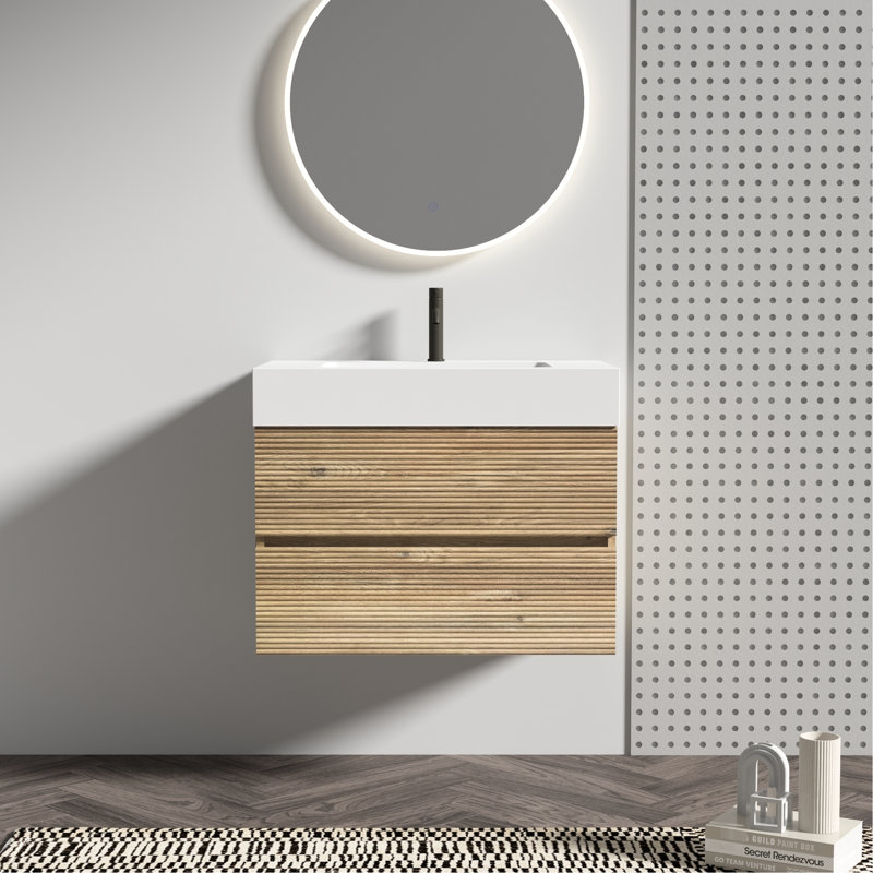 Meuble-lavabo moderne avec grille en chêne, fixation murale, fonction de rangement à double tiroir, finition laquée E0, panneau de sécurité à poignée cachée, revêtement,
