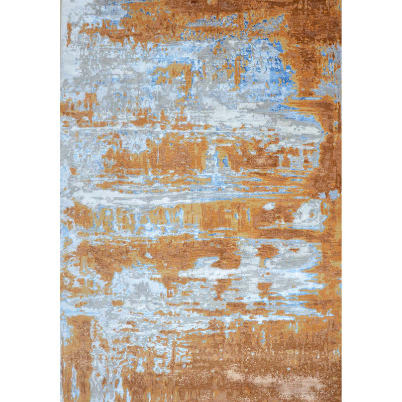 Tapis argent et orange noué à la main de haute qualité, Rectangle 8 pi x 10 pi