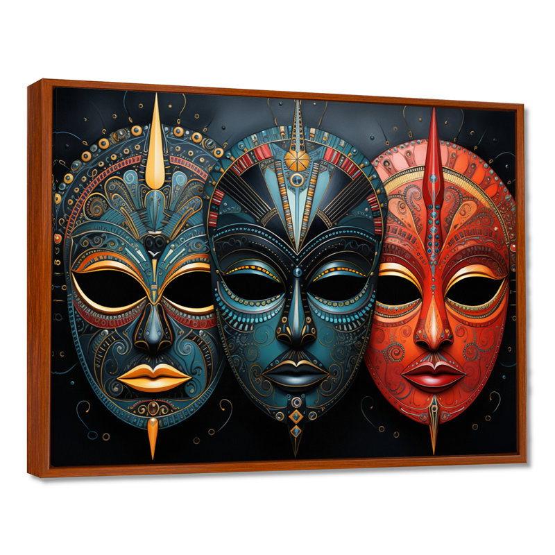 Red African Masks III - Masque africain, art mural, H 34 po x l 44 po, Brun, Reproduction avec cadre flottant