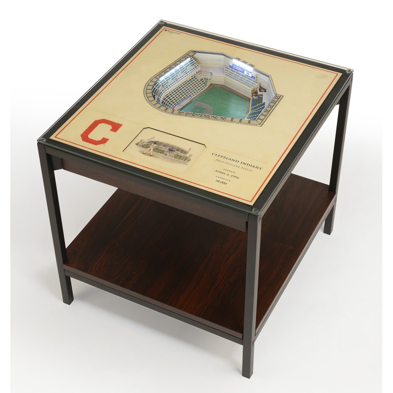 Glass Top End Table, Cleveland Indians, Green/Brown, 22.25" H x 23" W x 22" D