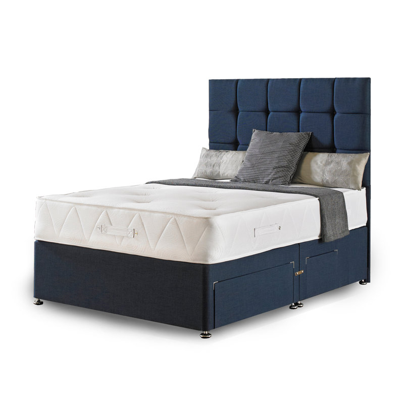 Asia Upholstered Divan Bed with Mattress, Midnight Blue Linen, Small Double, 4 Drawer Continental