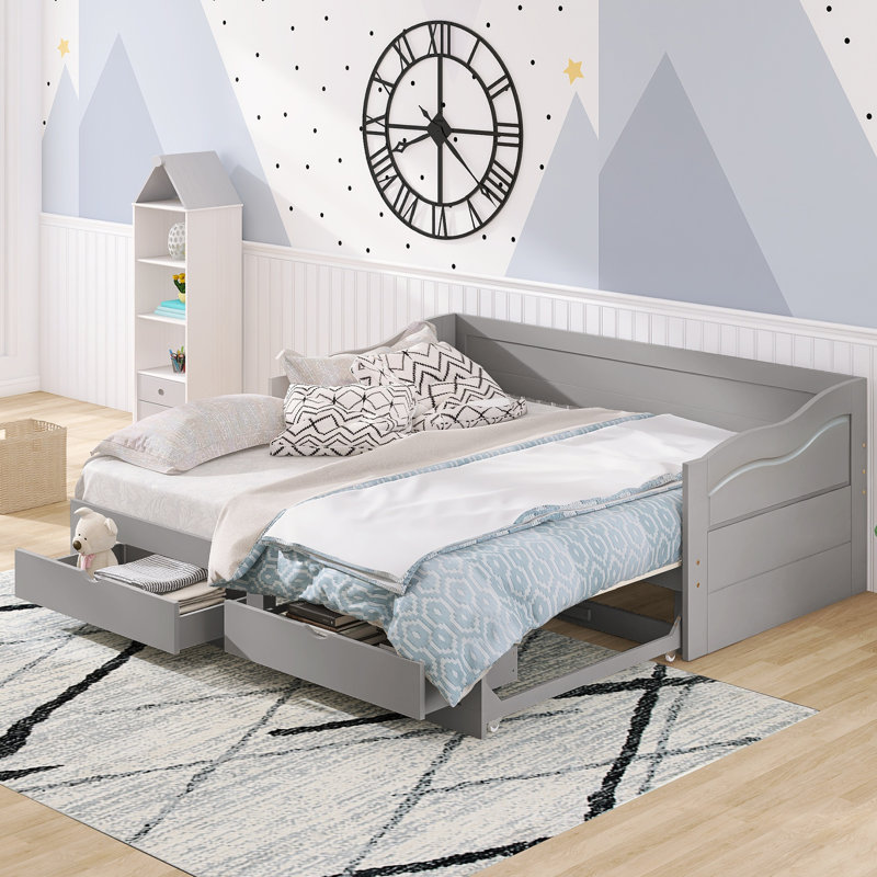 Wooden Daybed with Trundle Bed and Two Storage Drawers – Extendable Gray Sofa Bed for Bedroom and Living Room, Gray
