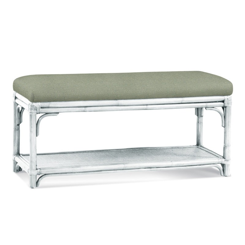 Summer Retreat Wicker Shelf Storage Bench, Frost White, Green and Blue Stripe; 0252-54