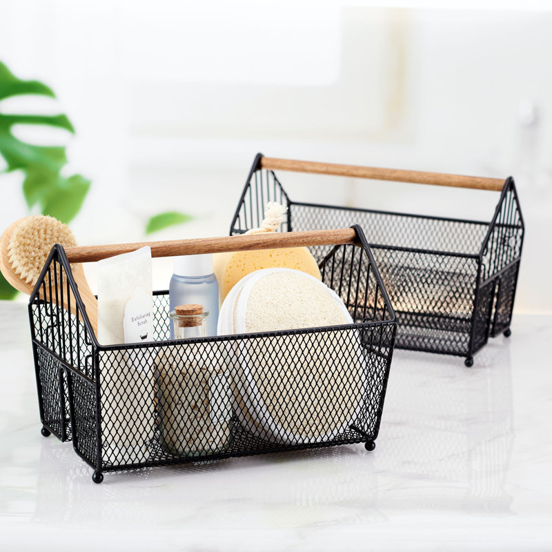 Black Carbon Steel and Acacia Wood Stacking Basket