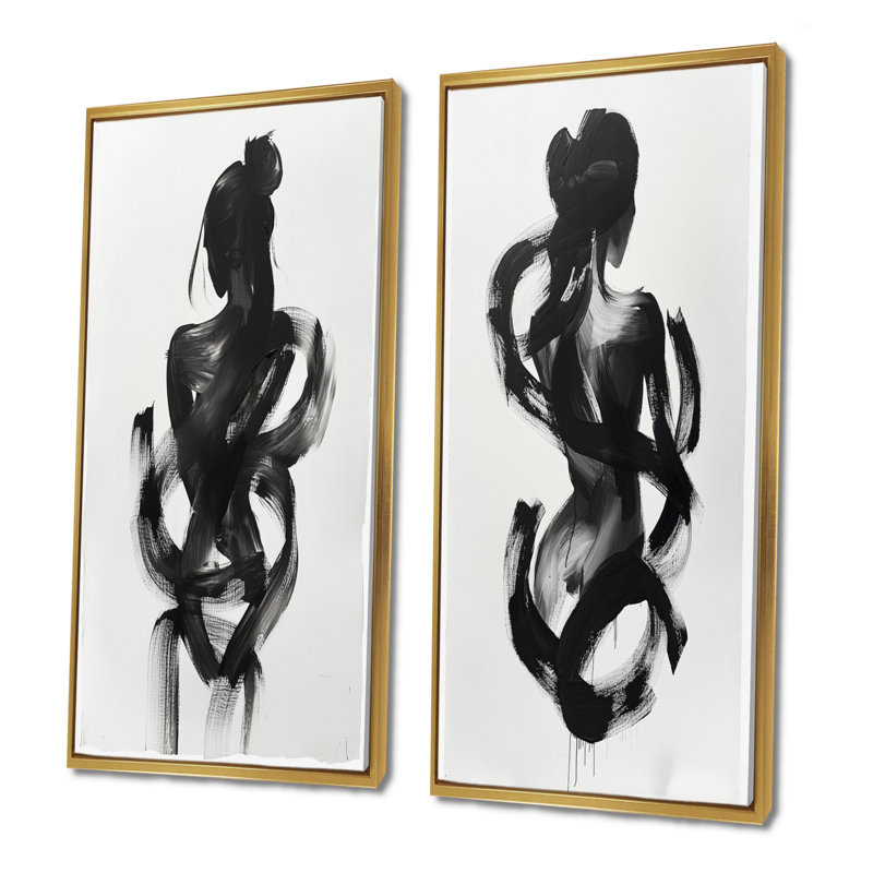 And Minimal Woman Silhouette I - Abstract Shapes Wall Art 2 Pieces Set, Gold Floater Framed, 28" H x 24" W