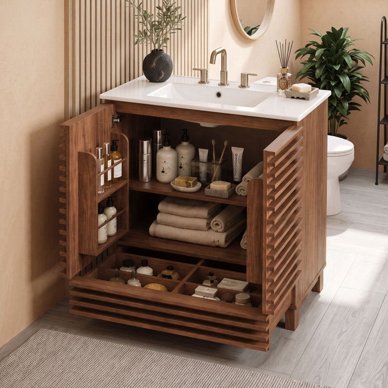 Meuble-lavabo de salle de bain avec lavabo et tiroir en céramique, Walnut Brown