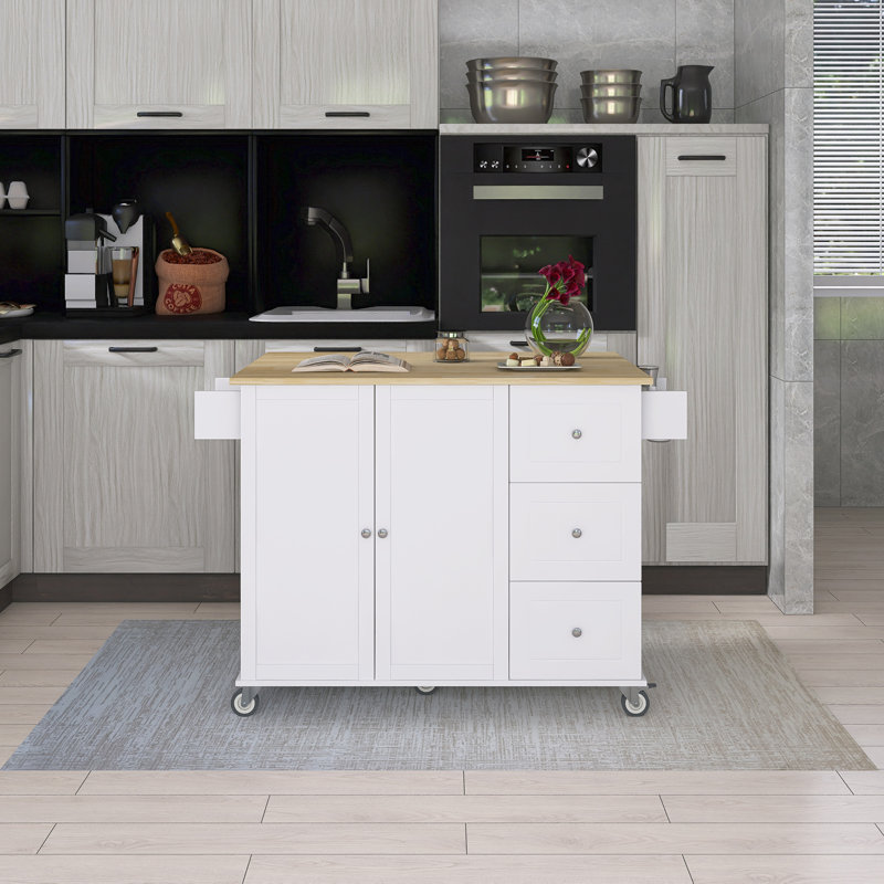 52.7" Solid Wood Drop-Leaf Countertop Kitchen Cart With Spice Rack, Towel Rack & Drawer, White