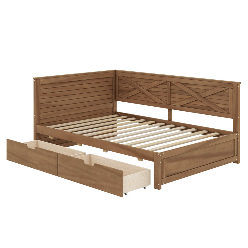 Un lit de jour en bois simple avec deux tiroirs de rangement et une barrière de sécurité d'inspiration rustique, Brun antique