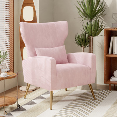 Modern Velvet Accent Chair With Wingback Design Gold Metal Legs And Pillow – Elegant Lounge Chair For Living Room & Bedroom by Mercer41