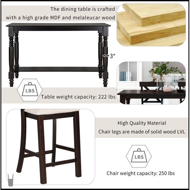 Ensemble de salle à manger 6 pièces à hauteur de comptoir avec table, tablette, 4 chaises et banc pour une élégance et une fonctionnalité modernes