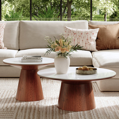 Ansel 2-Piece Round Sintered Stone Solid Walnut Base Nesting Coffee Tables