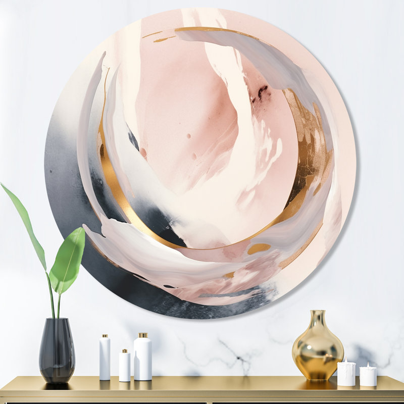 Mélange de marbre rose et blanc IV - art abstrait rond en métal marbré, H 36 po x l 36 po x P 1 po