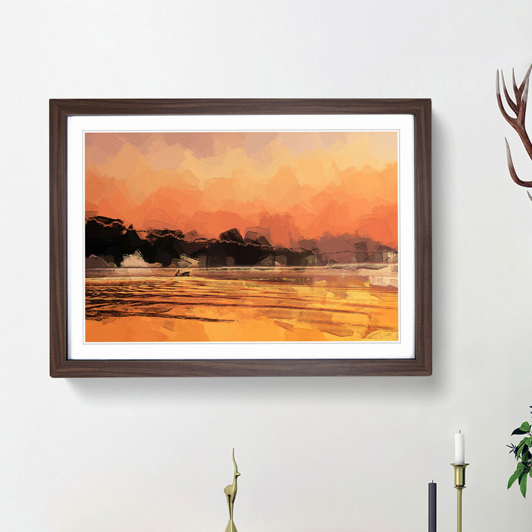 Boat Under an Orange Sunset in Abstract - Framed Print