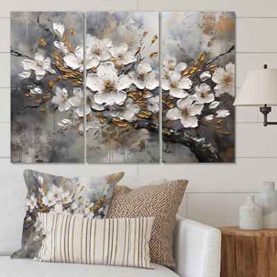 White Grey Cherry Blossum Harmony I - Floral Wall Art