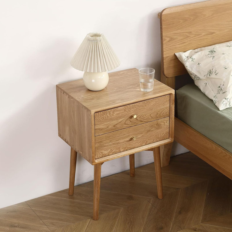 Mid Century Modern Nightstand, Solid Oak Wood Bedside Table With Drawers, Scandinavian Style End Table For Bedroom, Living Room, Office