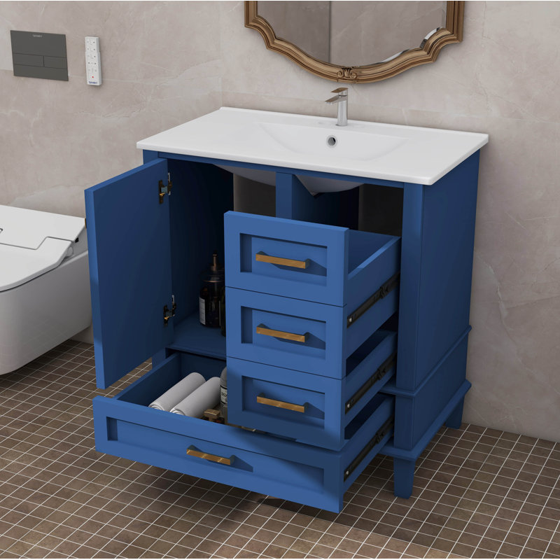 Combinaison de meuble-lavabo de salle de bain élégant de 30 pouces avec 3 tiroirs à fermeture silencieuse, Bleu / doré