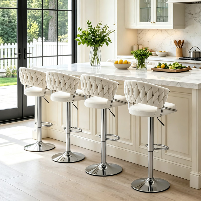 Christal Swivel Upholstered Adjustable Height Counter Stool, Ivory, Silver