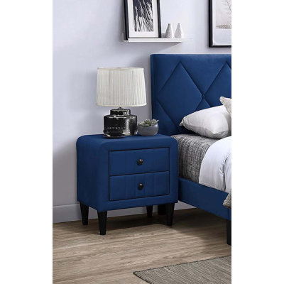 Navy Blue Color Velvet Gorgeous 1pc Nightstand Bedside Table 2x Drawers Bedroom Furniture Sleek Design Tempered Legs