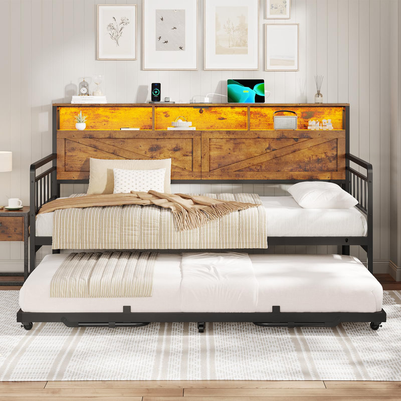 Convertable Daybed with Pop Up Trundle LED Bookcase Storage Bed Twin to King, Brown