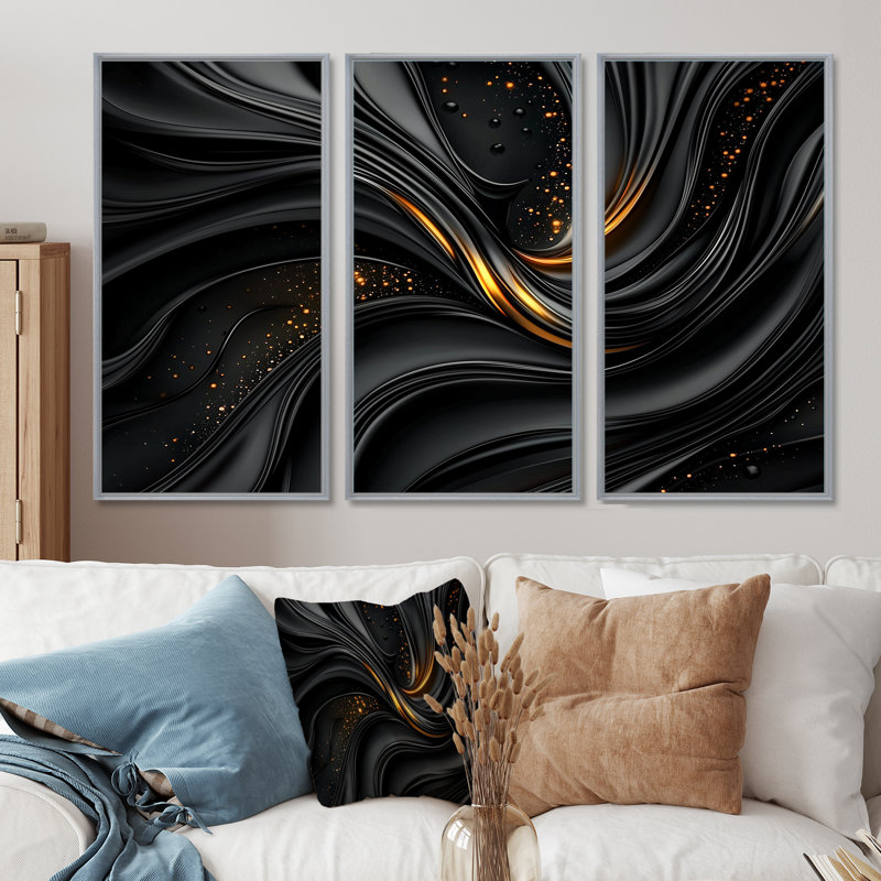 Quantum noir et feuilles dorées I - ensemble de reproduction d'art abstrait fractal mural, H 40 po x l 60 po, Argent argent