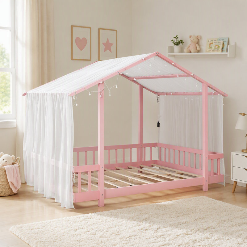 Lit plateforme double avec baldaquin en tissu transparent et guirlandes lumineuses, Full / Double, Pink