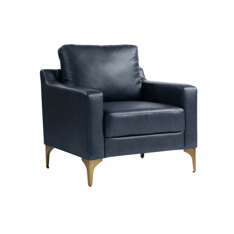 Turner 33.5" Square Arm Armchair, Navy Blue Faux Leather/Brushed Bronze