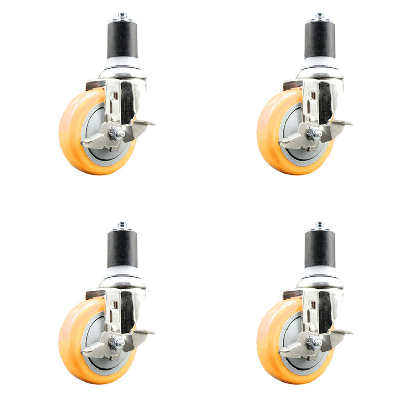 Ensemble de 4 roulettes extensibles en polyuréthane à tige pivotante 1-7 / 8 pouces 4SS 316SS, Jaune