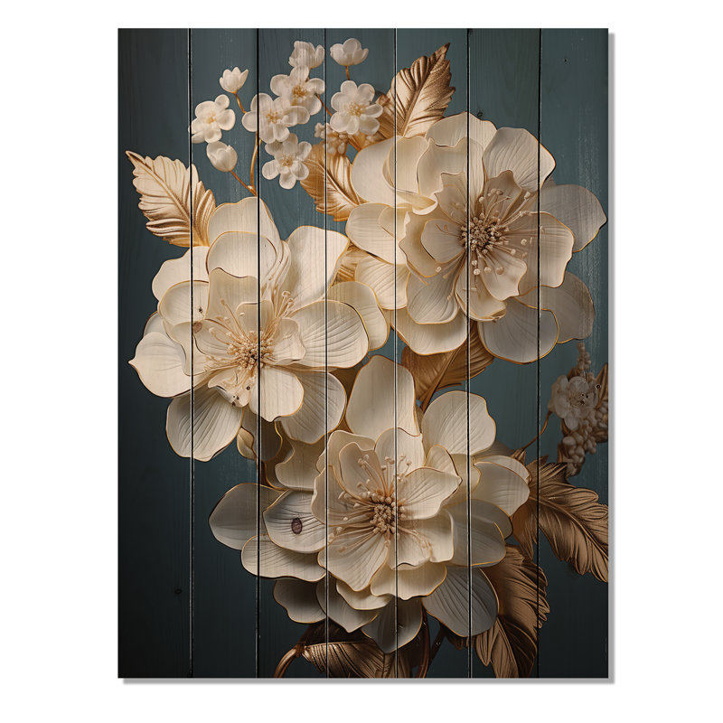 Hortensia baroque blanc et or I - hydrangées, art mural sur bois de pin naturel, H 32 po x l 24 po