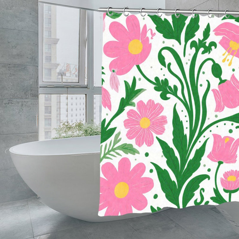 Rideaux de douche roses à motif floral et feuilles vertes pour salle de bain, 71 x 71, Pink Floral & Green Leaves