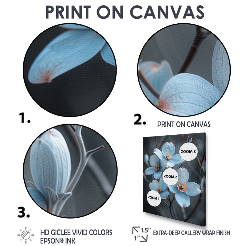 Fleur de cornouiller monochrome, paix et hivers bleus I - cornouiller, art mural, salon, Toile tendue, H 32 po x l 24 po